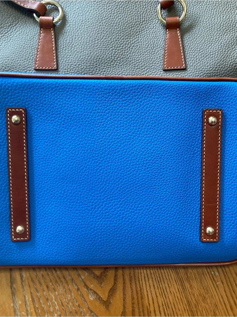 Dooney & Bourke Gray and Bright Blue Pebble Leather Tote with Brown Handles - Picture 5 of 10